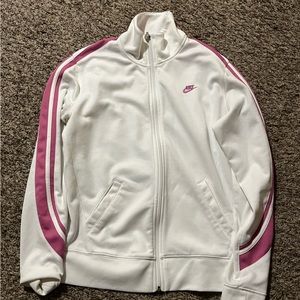 Nike Track Jacket Womens L 12-14 White Pink Striped Full Zip Blue Swoosh Logo